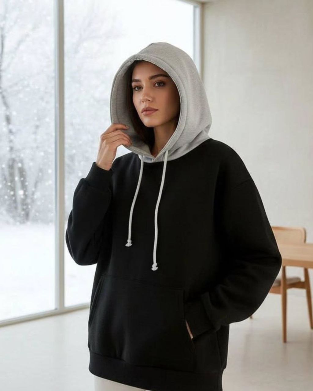 هودی اسپرت دخترانه مشکی با کلاه طوسی
