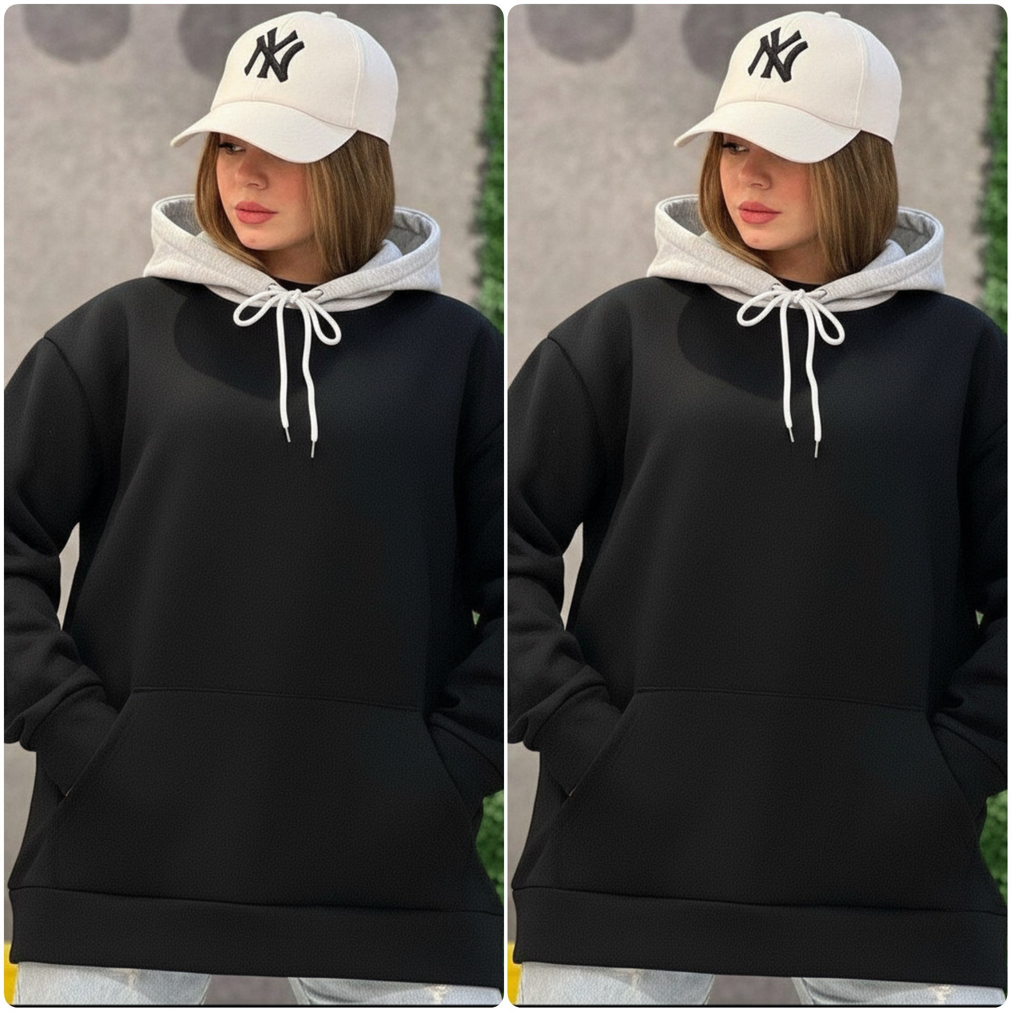 هودی اسپرت دخترانه مشکی با کلاه طوسی